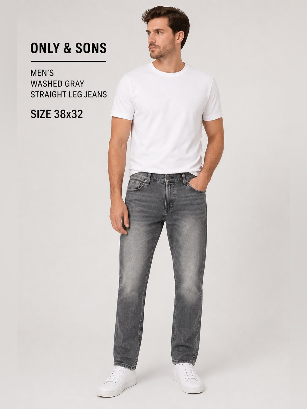 Only & Sons Men's Washed Gray Straight Leg Jeans Size 38x32 everyday wear